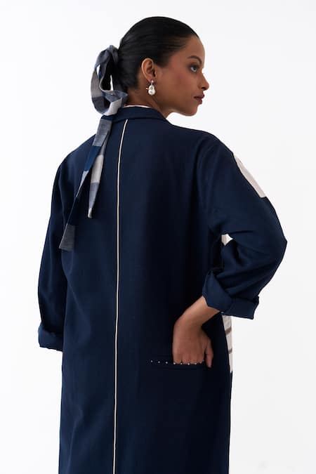 Three_Blue Twill Applique Collared Floral Embroidered Jacket _Online_at_Aza_Fashions