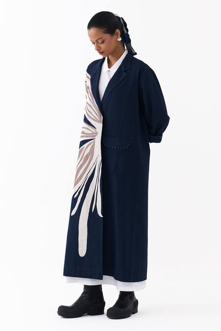 Shop_Three_Blue Twill Applique Collared Floral Embroidered Jacket _Online_at_Aza_Fashions