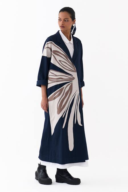 Three_Blue Twill Applique Collared Floral Embroidered Jacket _at_Aza_Fashions