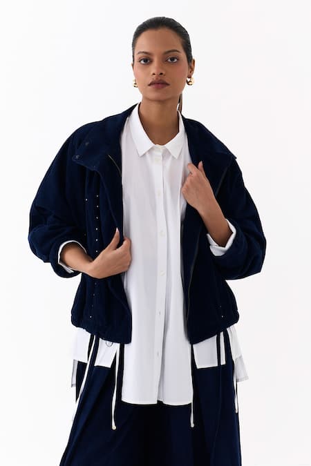 Three_Navy Corduroy Studs High Neck Drawstring Bomber Jacket _Online_at_Aza_Fashions
