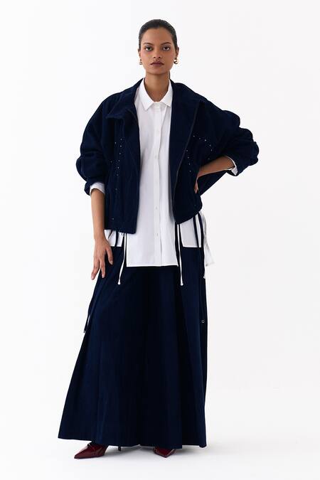 Buy_Three_Navy Corduroy Studs High Neck Drawstring Bomber Jacket _Online_at_Aza_Fashions