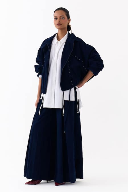 Shop_Three_Navy Corduroy Studs High Neck Drawstring Bomber Jacket _Online_at_Aza_Fashions