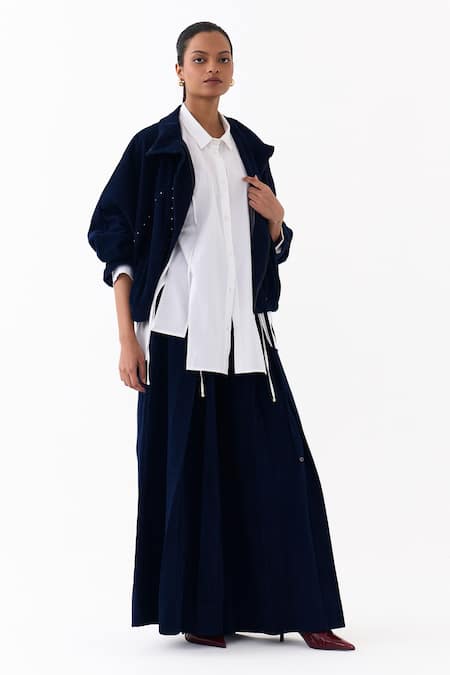 Three_Navy Corduroy Studs High Neck Drawstring Bomber Jacket _at_Aza_Fashions