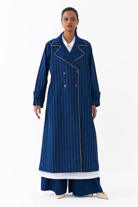 Three Denim Linear Embroidered Trench Coat