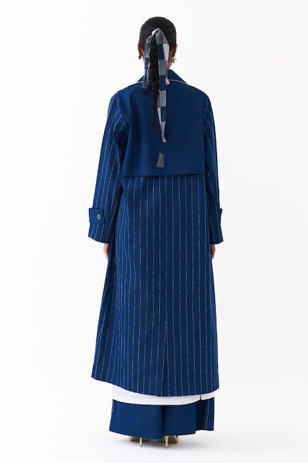 Three Denim Linear Embroidered Trench Coat