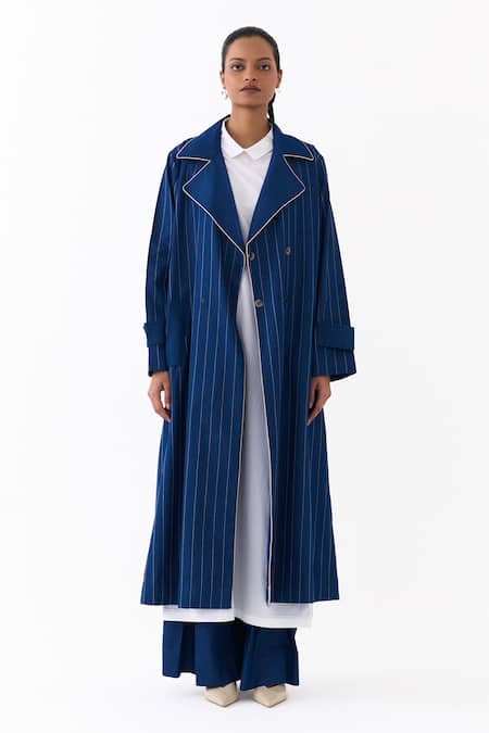 Buy_Three_Blue Denim Embroidery, Piping Collared Linear Trench Coat _Online_at_Aza_Fashions