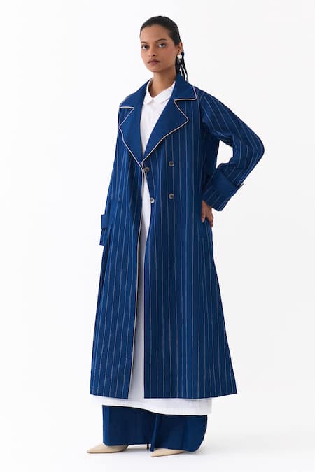 Shop_Three_Blue Denim Embroidery, Piping Collared Linear Trench Coat _Online_at_Aza_Fashions