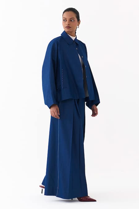 Shop Three Blue Denim Collared Batwing Sleeve Jacket Online at Aza Fashions Shop_Three_Blue Denim Collared Batwing Sleeve Jacket _Online_at_Aza_Fashions