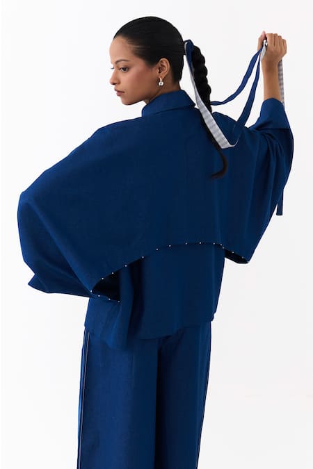 Three Blue Denim Collared Batwing Sleeve Jacket at Aza Fashions Three_Blue Denim Collared Batwing Sleeve Jacket _at_Aza_Fashions