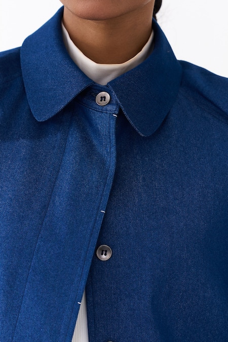 Buy Three Blue Denim Collared Batwing Sleeve Jacket Buy_Three_Blue Denim Collared Batwing Sleeve Jacket