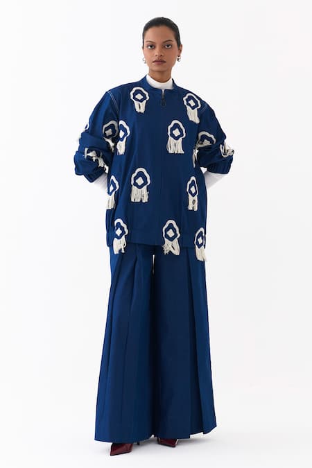 Buy_Three_Blue Denim Fringe, Embroidery High Neck Bomber Jacket _Online_at_Aza_Fashions