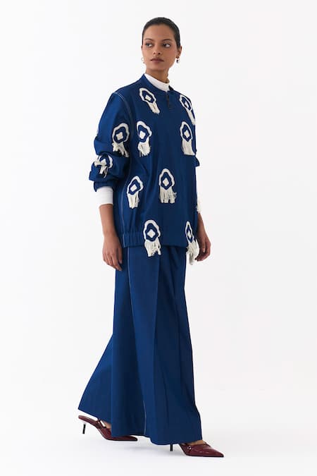 Shop_Three_Blue Denim Fringe, Embroidery High Neck Bomber Jacket _Online_at_Aza_Fashions