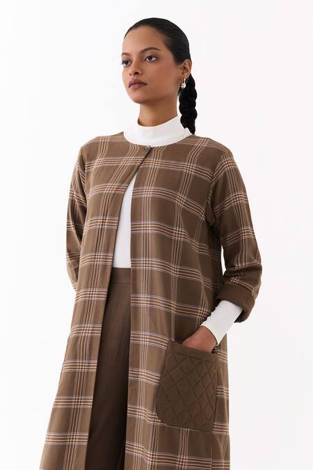 Three_Brown Round Neck Checkered Pattern Jacket _Online_at_Aza_Fashions