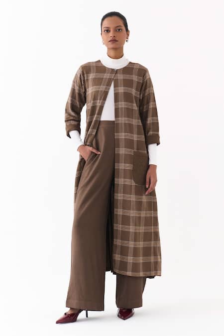 Buy_Three_Brown Round Neck Checkered Pattern Jacket _Online_at_Aza_Fashions