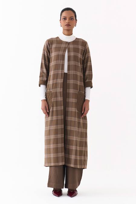 Shop_Three_Brown Round Neck Checkered Pattern Jacket _Online_at_Aza_Fashions
