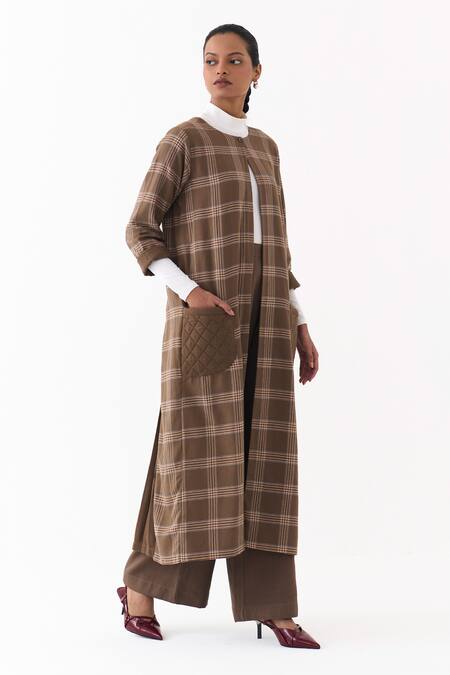 Three_Brown Round Neck Checkered Pattern Jacket _at_Aza_Fashions