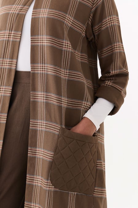 Buy_Three_Brown Round Neck Checkered Pattern Jacket 
