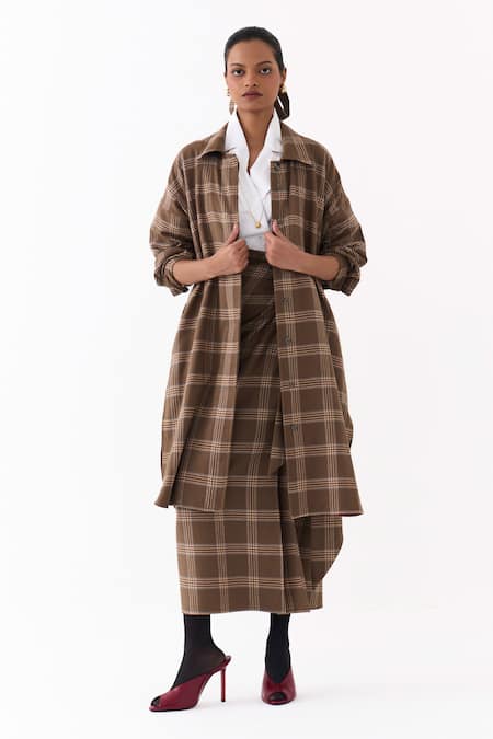 Three_Brown Collared Checkered Pattern Jacket _Online_at_Aza_Fashions