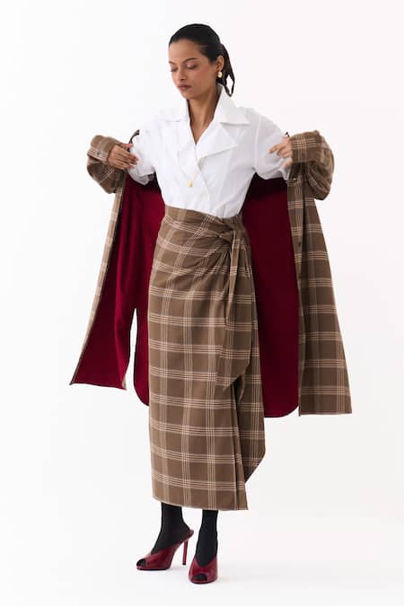 Buy_Three_Brown Collared Checkered Pattern Jacket _Online_at_Aza_Fashions