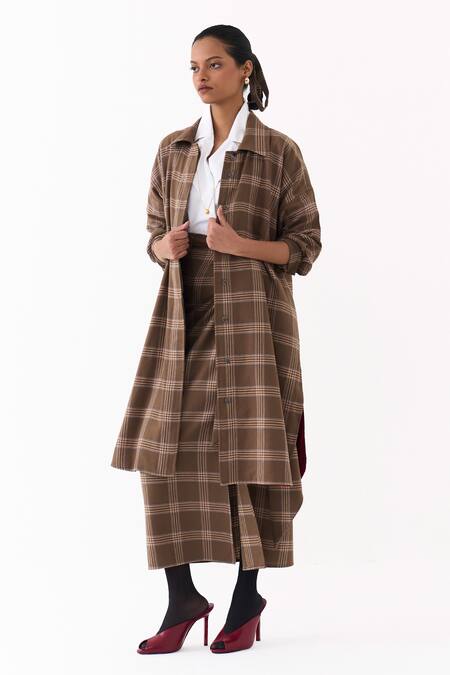 Shop_Three_Brown Collared Checkered Pattern Jacket _Online_at_Aza_Fashions