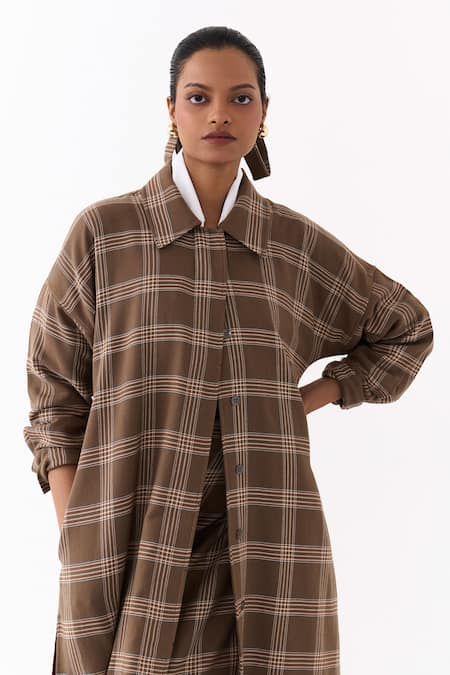 Three_Brown Collared Checkered Pattern Jacket _at_Aza_Fashions