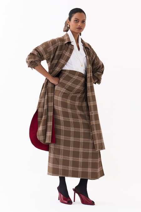 Buy_Three_Brown Collared Checkered Pattern Jacket 
