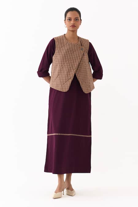 Three_Brown Round Neck Checkered Pattern Quilted Vest _Online_at_Aza_Fashions