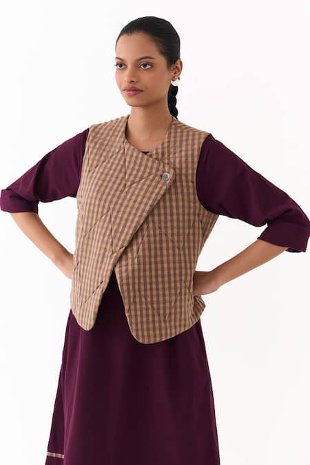 Three_Brown Round Neck Checkered Pattern Quilted Vest _at_Aza_Fashions