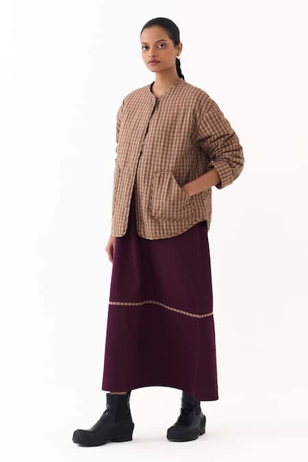 Three_Brown Round Neck Caramel Checkered Pattern Jacket _Online_at_Aza_Fashions