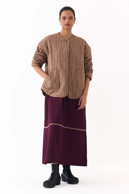 Shop_Three_Brown Round Neck Caramel Checkered Pattern Jacket _Online_at_Aza_Fashions