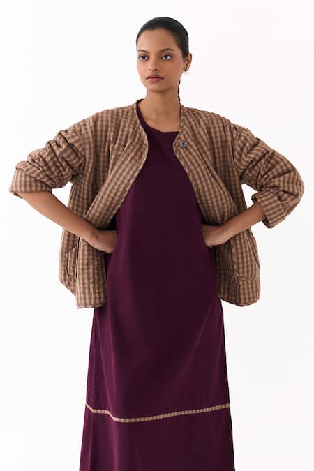 Three_Brown Round Neck Caramel Checkered Pattern Jacket _at_Aza_Fashions