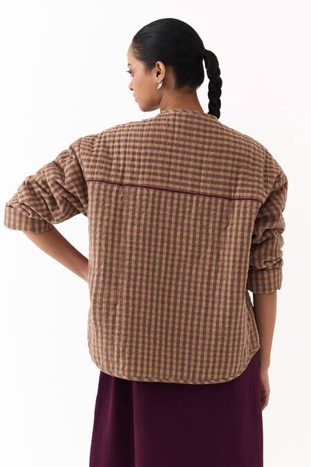 Buy_Three_Brown Round Neck Caramel Checkered Pattern Jacket 
