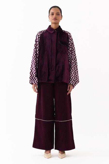 Three_Wine Velvet Collared Chevron Pattern Jacket _Online_at_Aza_Fashions