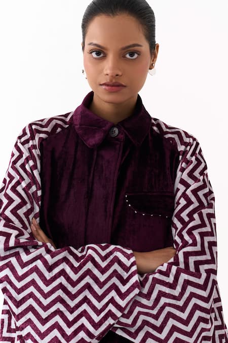 Buy_Three_Wine Velvet Collared Chevron Pattern Jacket _Online_at_Aza_Fashions
