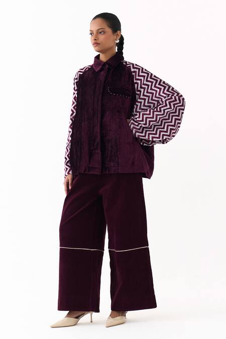 Shop_Three_Wine Velvet Collared Chevron Pattern Jacket _Online_at_Aza_Fashions