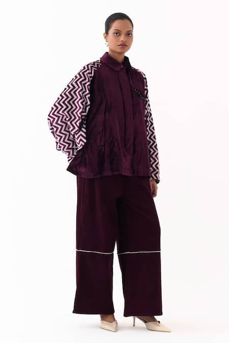 Three_Wine Velvet Collared Chevron Pattern Jacket _at_Aza_Fashions