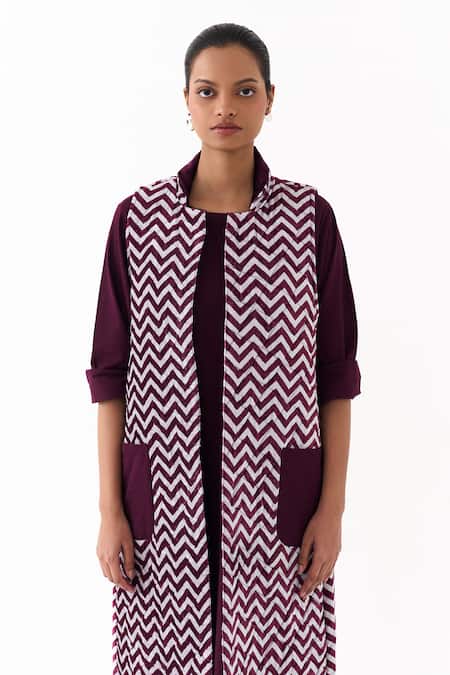 Three_Wine Velvet, Twill Round Neck Chevron Quilted Jacket _Online_at_Aza_Fashions