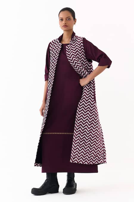 Shop_Three_Wine Velvet, Twill Round Neck Chevron Quilted Jacket _Online_at_Aza_Fashions