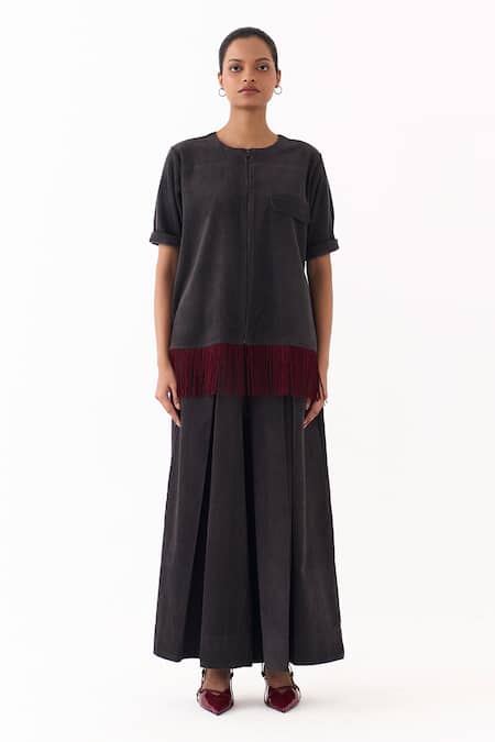 Three Gray Corduroy Fringe Round Neck Hem Shacket Online at Aza Fashions Three_Gray Corduroy Fringe Round Neck Hem Shacket _Online_at_Aza_Fashions