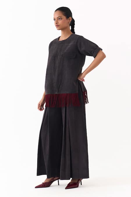 Shop Three Gray Corduroy Fringe Round Neck Hem Shacket Online at Aza Fashions Shop_Three_Gray Corduroy Fringe Round Neck Hem Shacket _Online_at_Aza_Fashions