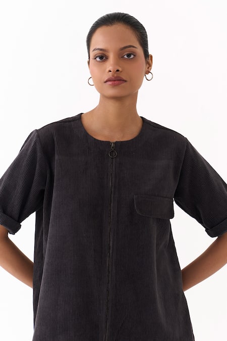 Three Gray Corduroy Fringe Round Neck Hem Shacket at Aza Fashions Three_Gray Corduroy Fringe Round Neck Hem Shacket _at_Aza_Fashions