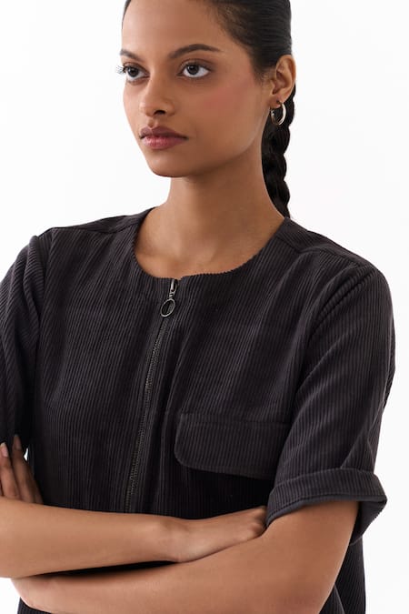 Buy Three Gray Corduroy Fringe Round Neck Hem Shacket Buy_Three_Gray Corduroy Fringe Round Neck Hem Shacket