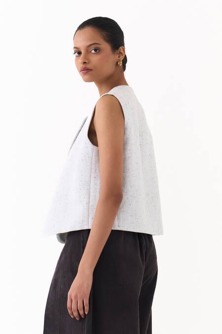 Three_Ivory Round Neck Splash Print Overlap Vest _at_Aza_Fashions