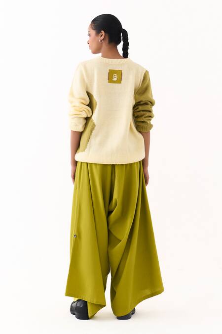 Three_Yellow Wool Crew Neck Hand Knitted Abstract Pattern Sweater _Online_at_Aza_Fashions