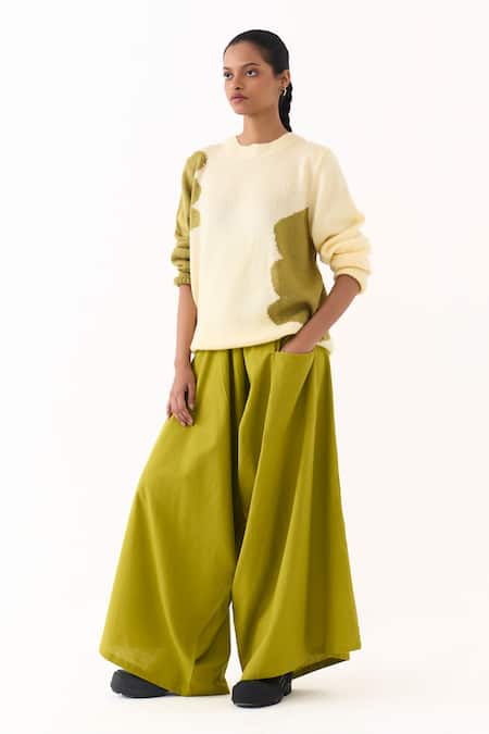 Buy_Three_Yellow Wool Crew Neck Hand Knitted Abstract Pattern Sweater _Online_at_Aza_Fashions