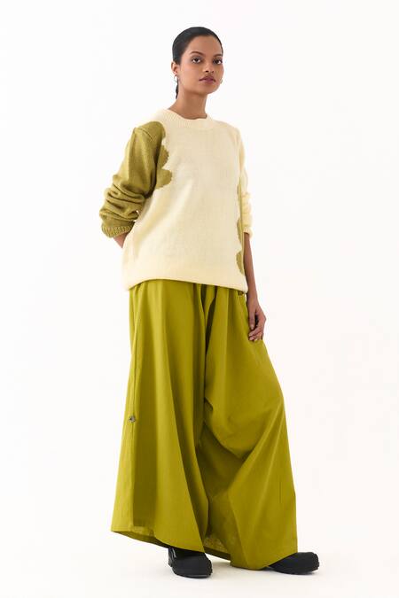 Shop_Three_Yellow Wool Crew Neck Hand Knitted Abstract Pattern Sweater _Online_at_Aza_Fashions