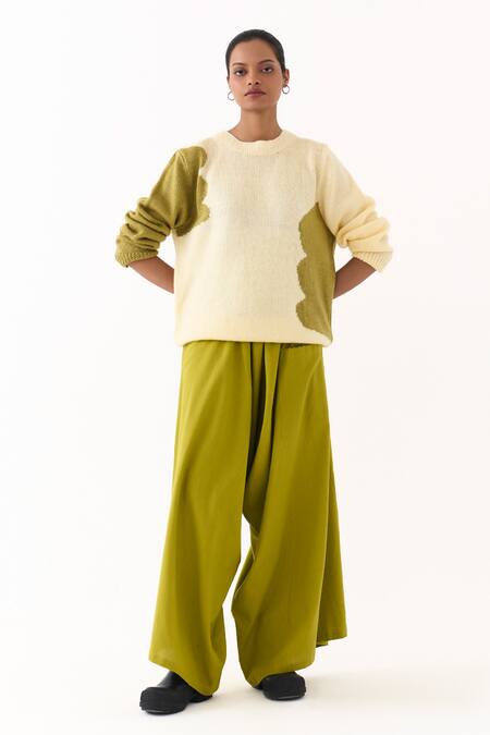 Three_Yellow Wool Crew Neck Hand Knitted Abstract Pattern Sweater _at_Aza_Fashions