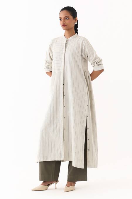 Shop_Three_Beige Embroidery Mandarin Collar Linear Stripe Pattern Gathered Kurta _Online_at_Aza_Fashions