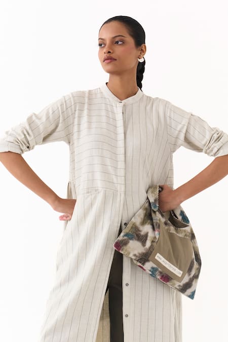 Shop_Three_Beige Embroidery Mandarin Collar Linear Stripe Pattern Gathered Kurta 