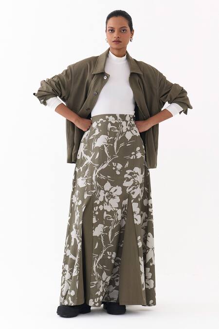Three_Olive Green Twill Floral Print Circular Skirt _Online_at_Aza_Fashions